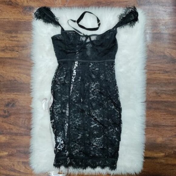 NWT House of CB Hermosa Black Lace Sheer Collar Dress Women's Size Large - Picture 2 of 13